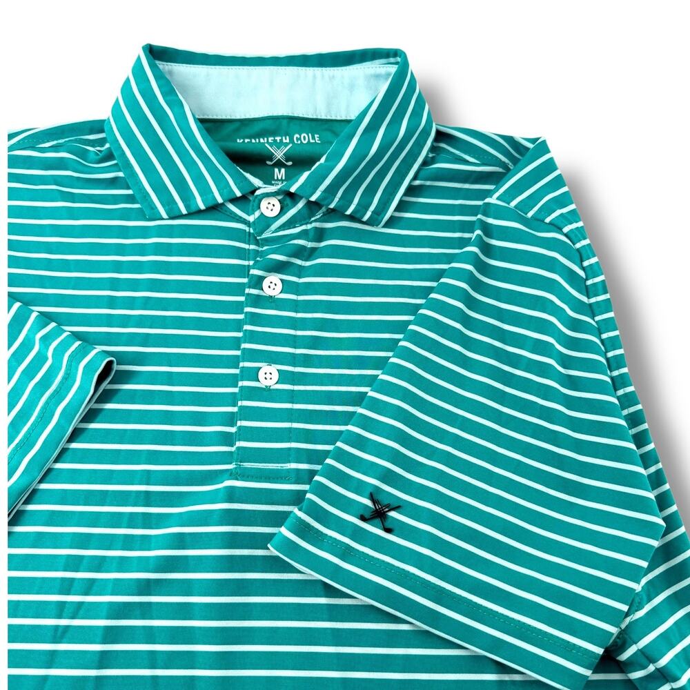 Kenneth Cole Golf Polo Mens M Teal Green White Stripe Performance Short Sleeve